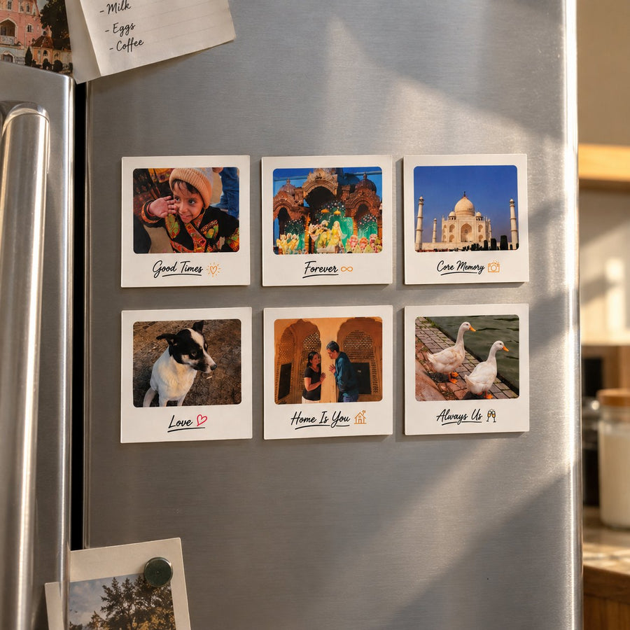Pack of 6: six personalised photo magnets on a fridge door