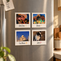 Pack of 4: four personalised photo magnets on a fridge door