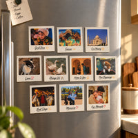 Pack of 10: ten personalised photo magnets on a fridge door