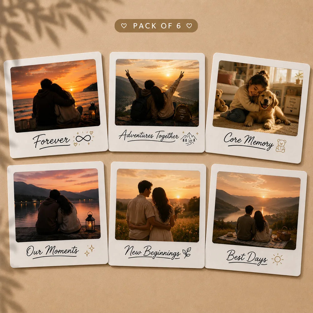 Six personalised polaroid-style photo magnets with caption designs, laid out from a pack of six